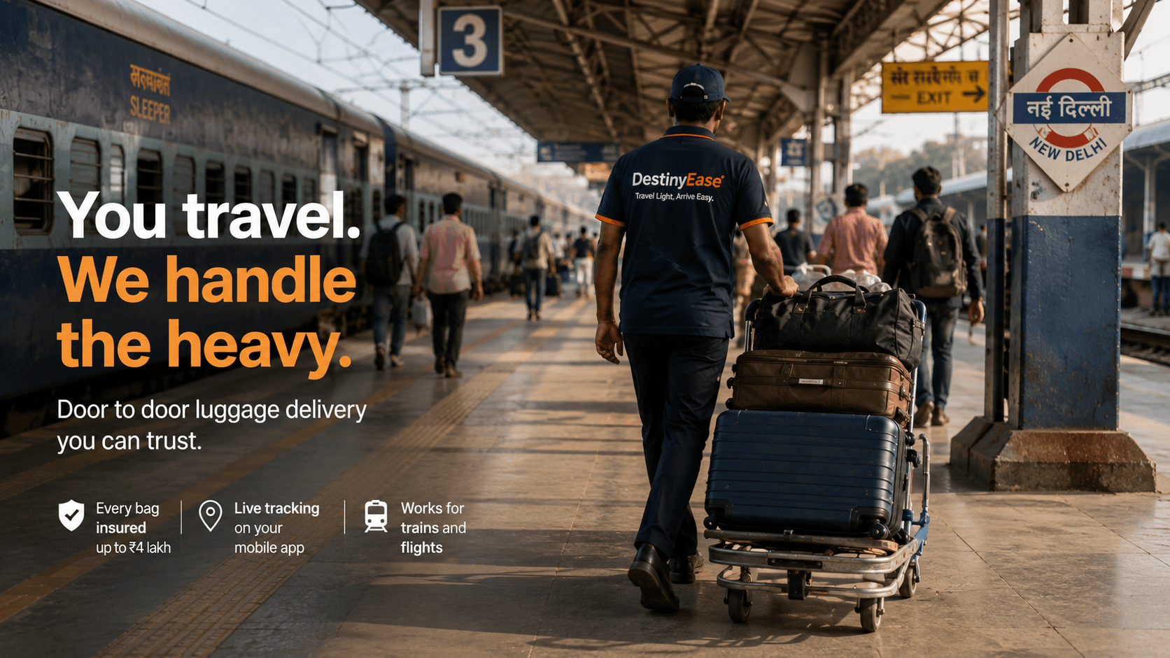 A DestinyEase partner wheeling a trolley of suitcases along a New Delhi railway platform